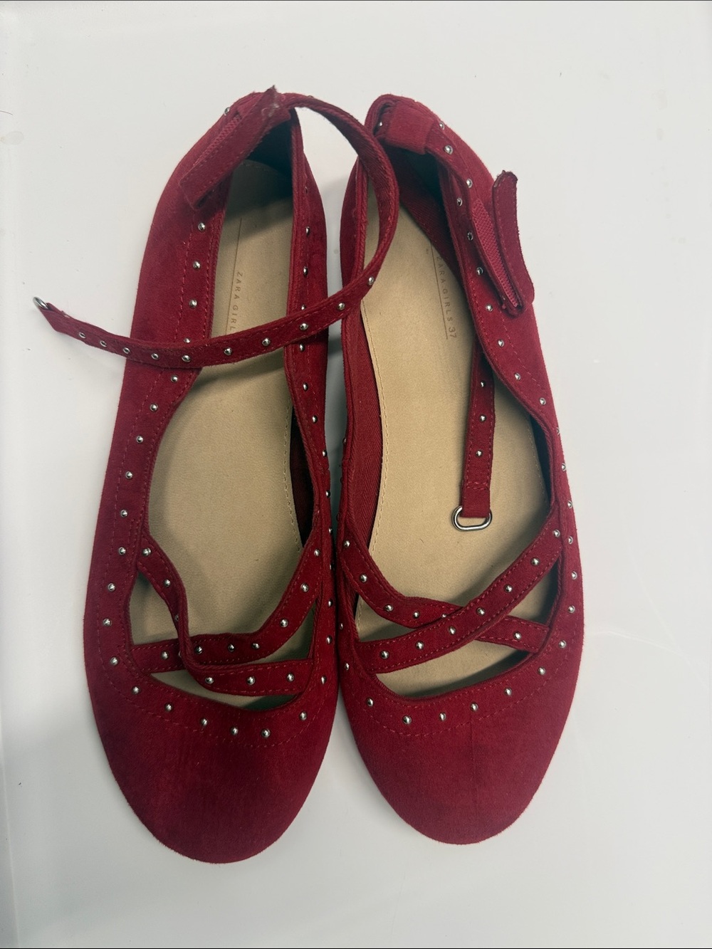 Zara Red Studded Crisscross Ballet Flats with Ankle Straps
